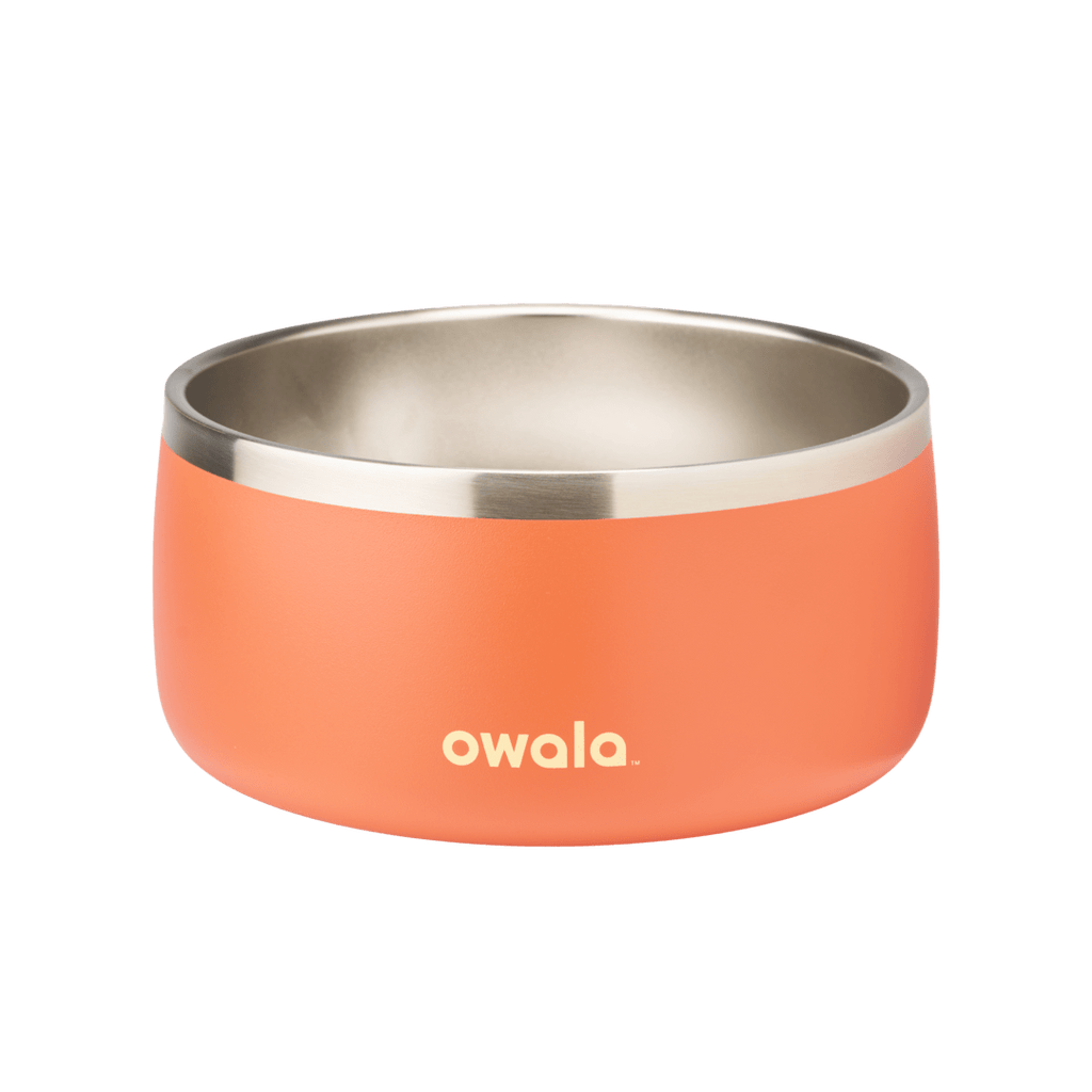 Pet Bowl 6-cup in Trailside Tricks; matte coral orange cup exterior with stainless steel interior rim and cream Owala logo on front